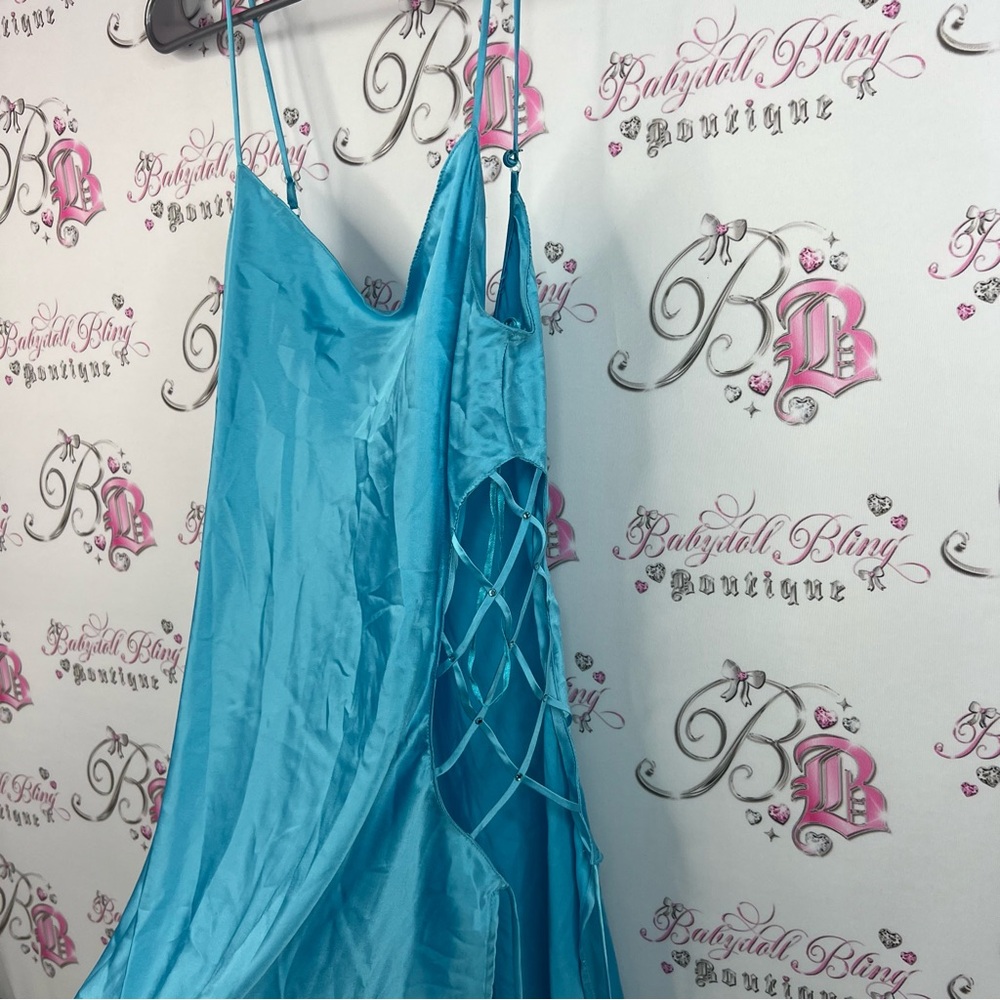 La SENZA dress lace up corset sides rhinestones shiny Turquoise Satin Chemise - Picture 4 of 8